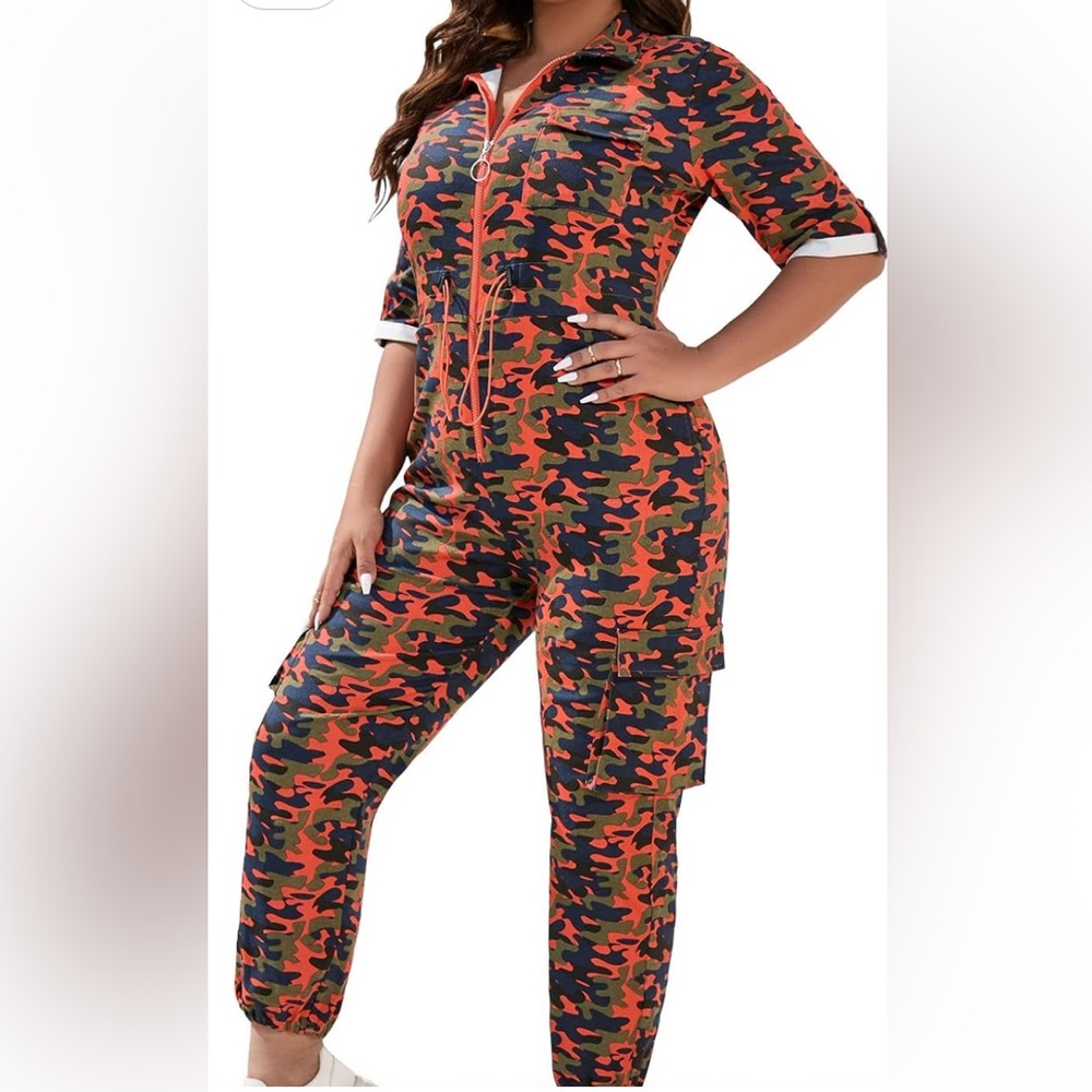 Women’s Causal Camo Long Jump Suit Romper Drawstring Waist Zip Up Size 4XL